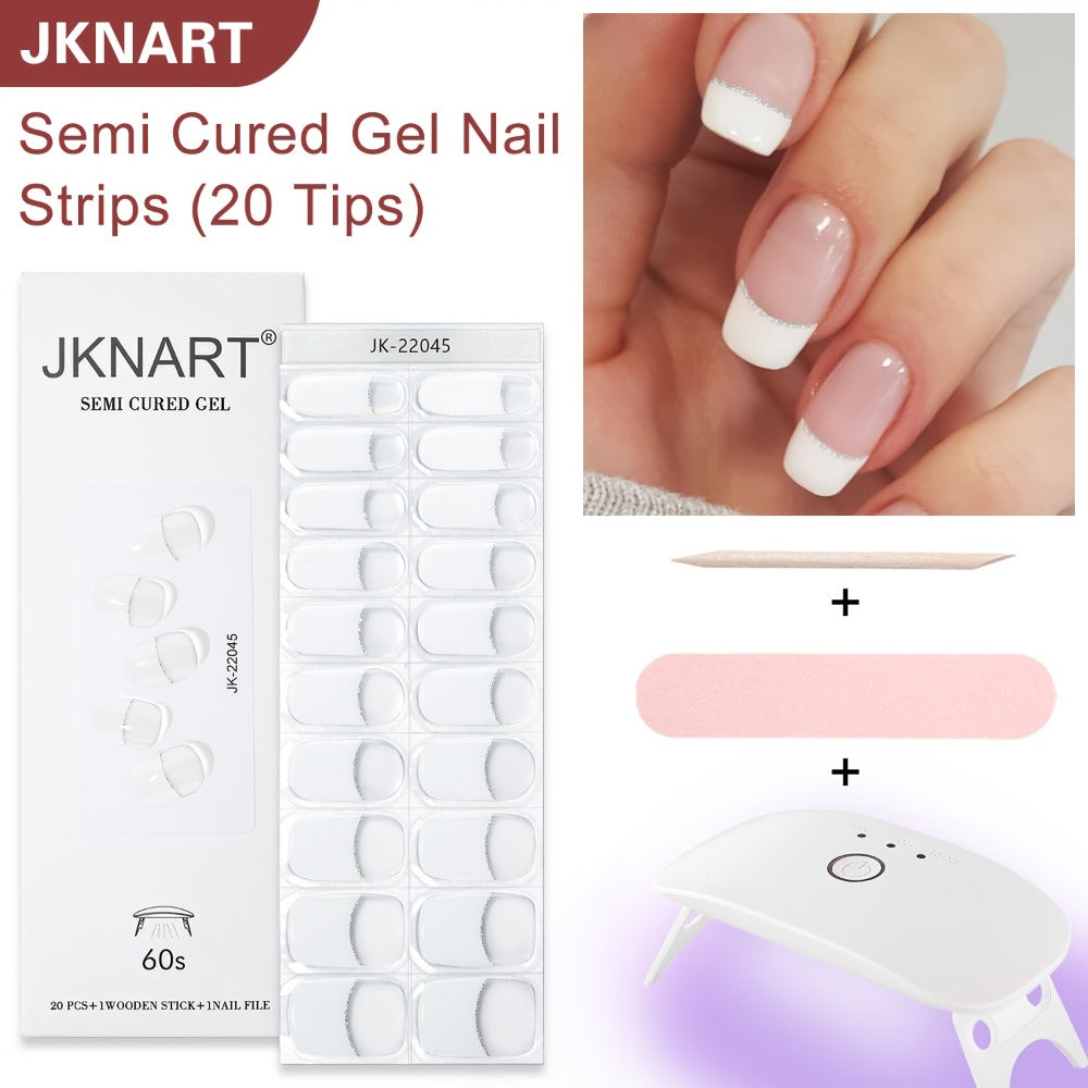 Semi Gel Nail Polish Stickers Kit 20Pcs with 12W LED Nail Lamp 8-Bead Curing Light Full-Wrap Nail Stickers