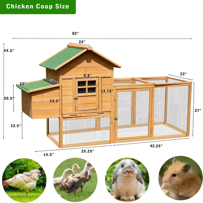 Chicken Coop with Run Large Outdoor Wooden Hen House 82 Inch Walk-in Poultry Cage for 2-4 Chickens Ducks for Garden, Patio and Yard Use