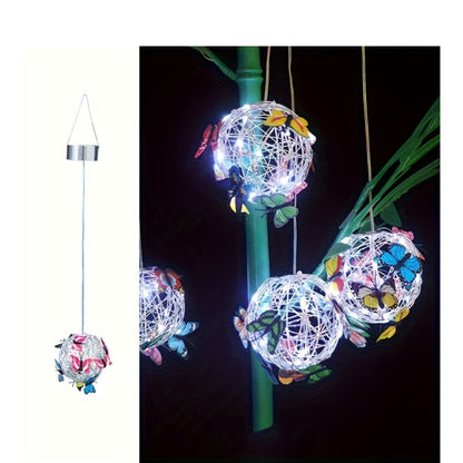 Solar Butterfly Lantern Outdoor Metal Iron Hanging Solar Light, Auto On at Dusk, White & Color Light