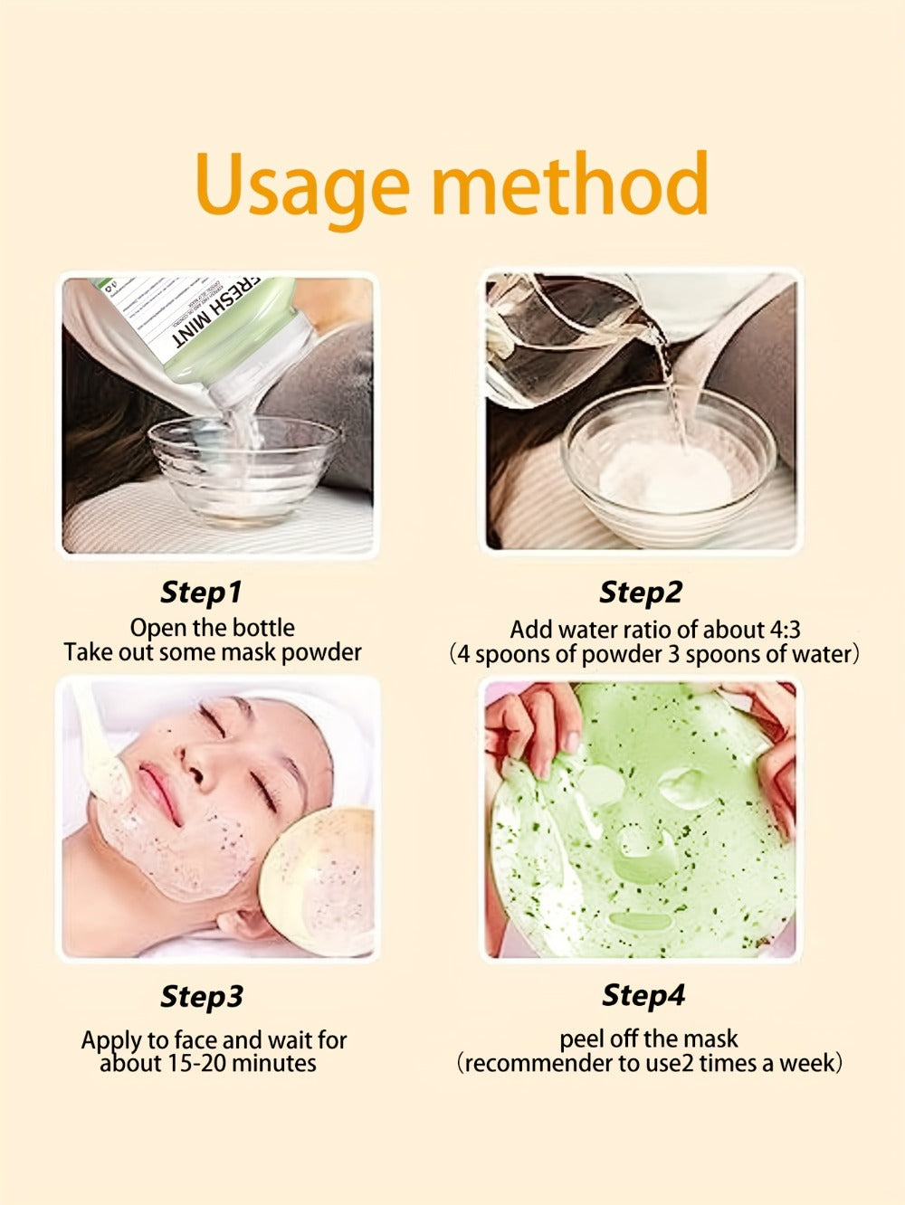 Face Mask, Fresh Mint Crystal Jelly Powder 12.3 fl oz Jar with 15g-to-40ml Mixing Directions for Peel-Off Use