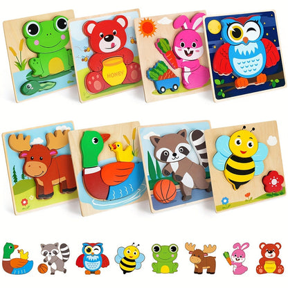 Baby Animal Wooden Puzzles for Toddlers 8 Pack, Infant Learning Toy 12 Months+, Bear Bunny Owl Frog Bee Duck Moose Raccoon
