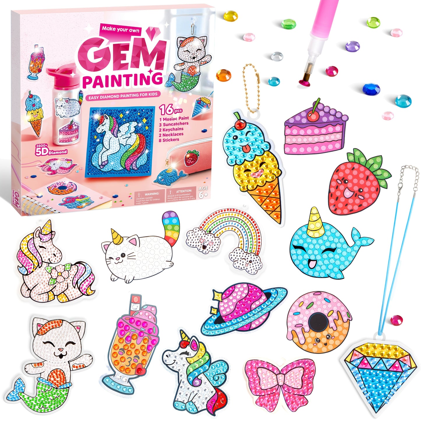 Diamond Gem Painting Kit for Girls Ages 6+ 16 Projects, 5D Gem Art Set with 2800+ Gems Unicorn Suncatchers Keychains Necklaces Stickers