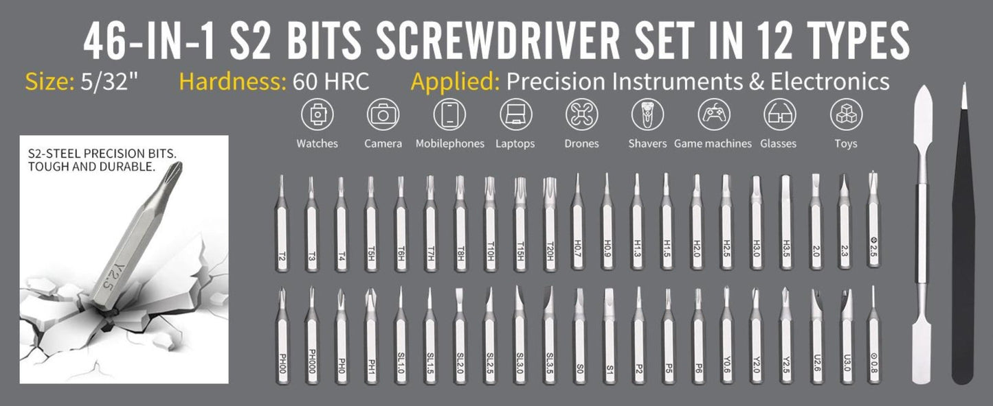 Precision Screwdriver Set 46-in-1, Magnetic Mini Professional Repair Tool Kit with CR-V Steel Phillips Slotted Torx Hex Y-Type Bits