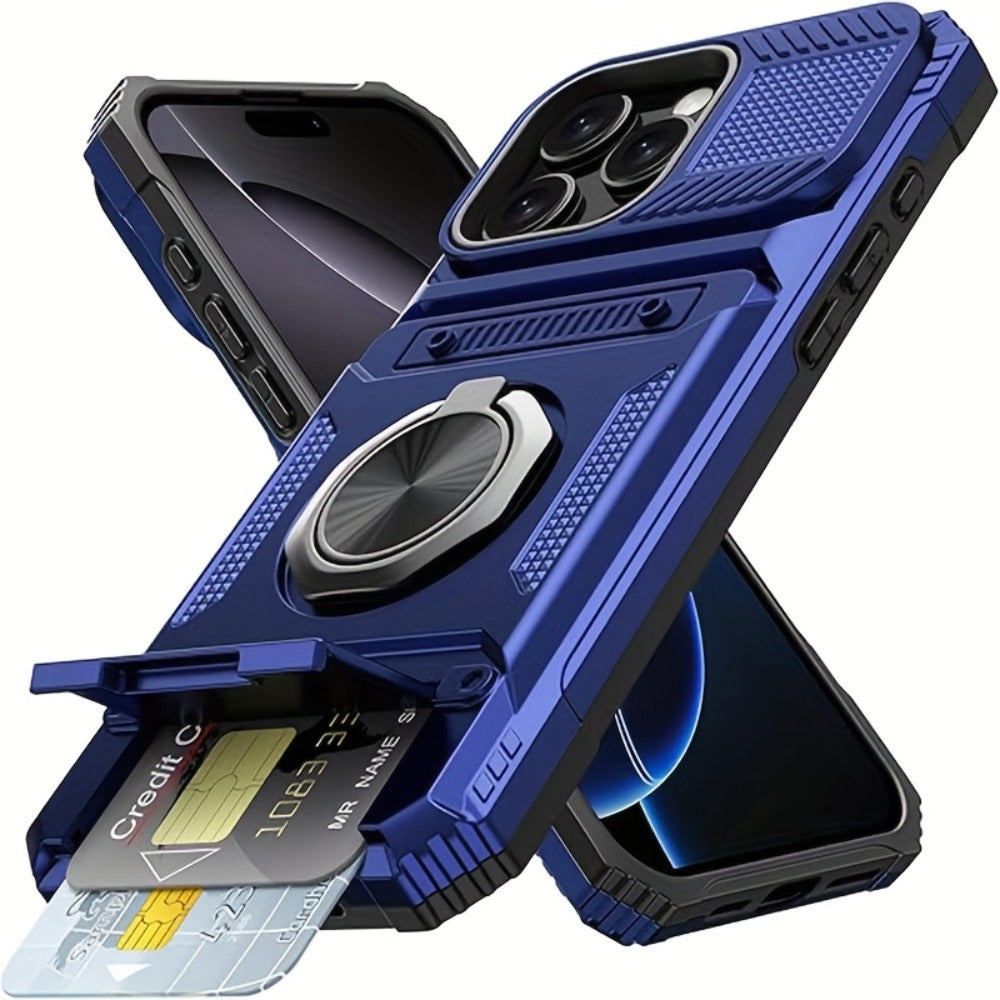 iPhone Card Slot Shockproof Case with Ring Holder & Kickstand – Wallet Phone Cover for iPhone 17 17 Air 17 Pro Max 16 15 14 13 12 11 Pro Max