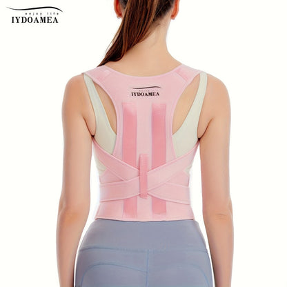 Pink Adjustable Posture Brace with Crossed Waist Straps and Five Labeled Fit Options from S to 3XL
