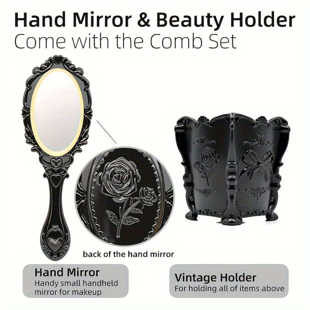 Retro Hair Comb Set with Mirror Scalp Massage Hairbrush Pocket Mirror Vintage Vanity Brush Set for Women Girls Travel Daily Grooming Makeup