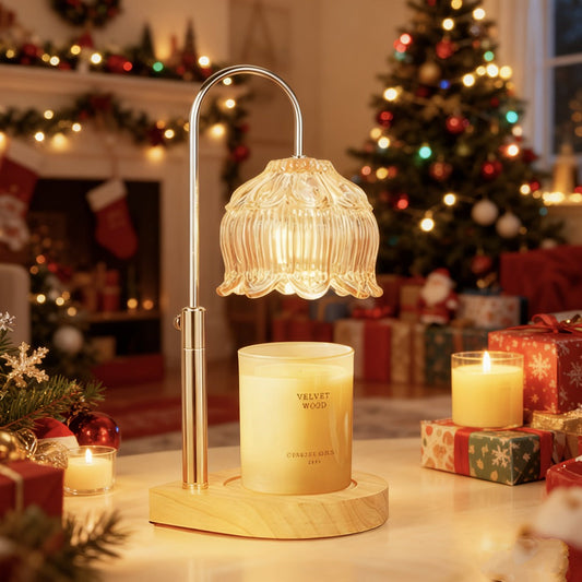 Lily-Glass Candle Warmer Lamp with Silver-Tone Post, Wood-Look Base, Three Brightness Levels and 2/4/8-Hour Timer