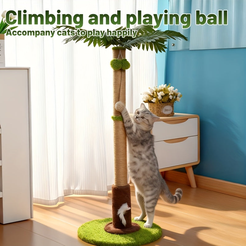 Cat Scratching Post 36.3 Inch – Natural Sisal Coconut Tree Design with Hanging Balls, Stable Weighted Base Cat Scratcher Tower for Indoor