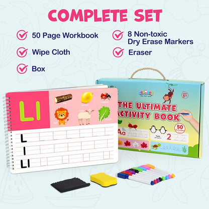 Preschool Busy Book for Toddlers Ages 2-6, 50 Pages Tracing Writing Drawing Activity Workbook, Kindergarten Readiness Practice Book
