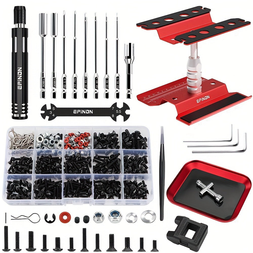 RC Car Maintenance Stand Tool Kit EPINON 360° Rotating Work Stand 520PCS Screw Set Aluminum Screwdriver Bits Compatible with 1/8 1/10 1/12
