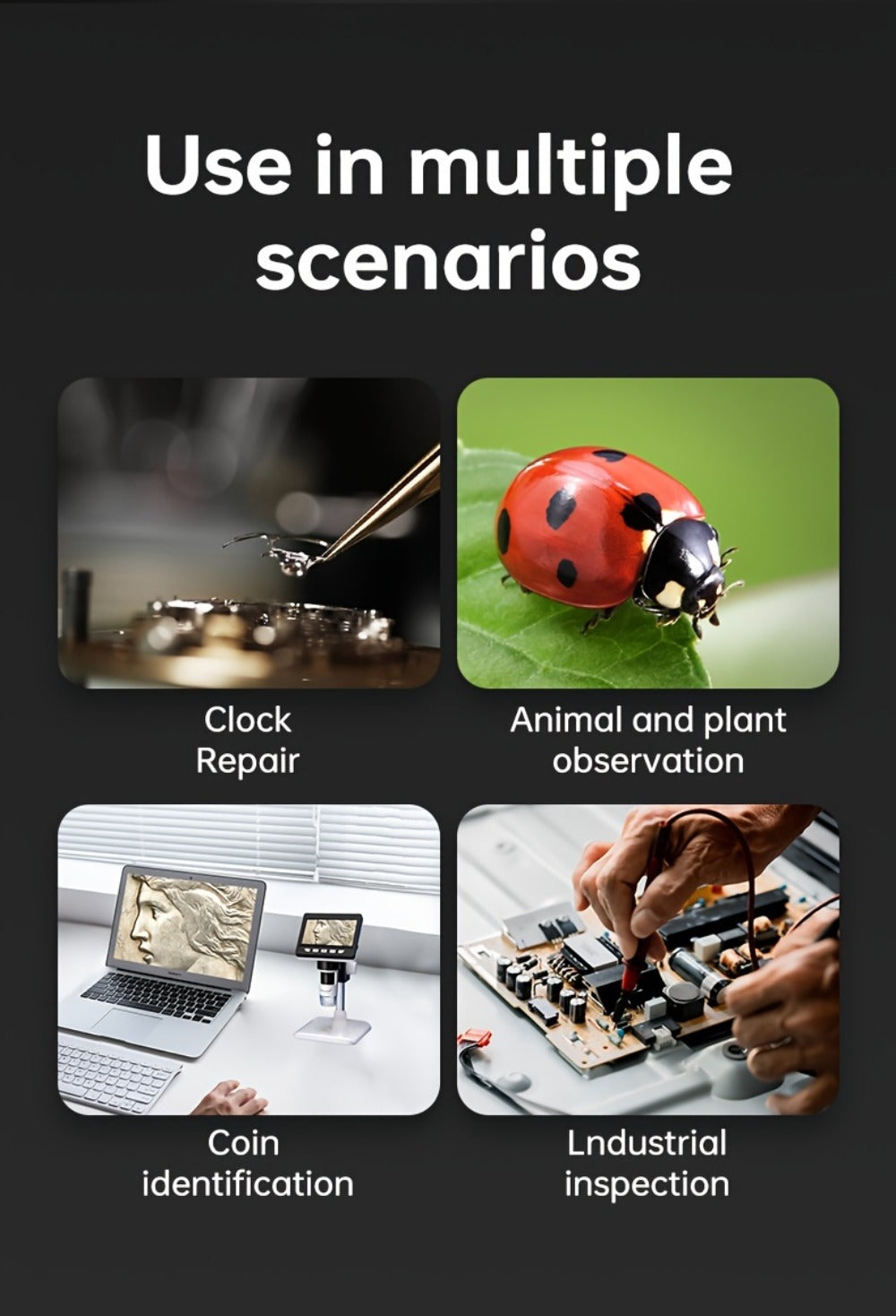 7-Inch IPS Digital Microscope with Eight LEDs, Remote Control and PC Connection for Coin and Electronics Inspection