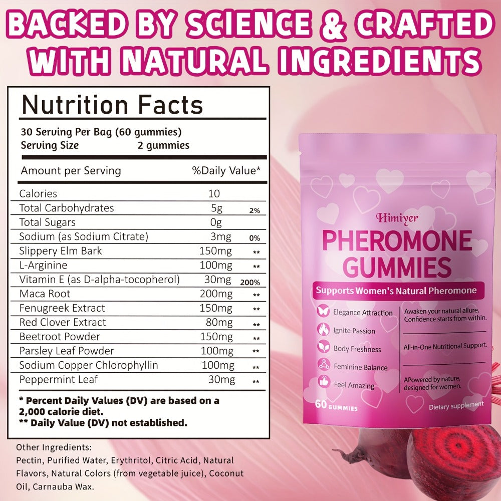 Women's Pheromone Gummies with L-Arginine, Maca & Beetroot, Natural Attraction, Confidence & Feminine Balance Supplement