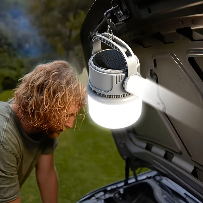Solar LED Camping Light with Hook – 6 Modes, USB-C Rechargeable, 300LM, IPX4 Waterproof, Emergency Power Bank