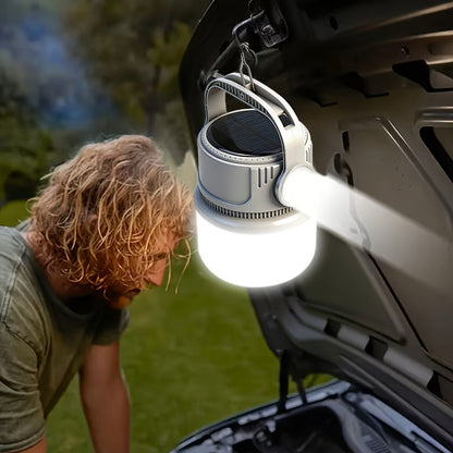 Solar LED Camping Light with Hook – 6 Modes, USB-C Rechargeable, 300LM, IPX4 Waterproof, Emergency Power Bank