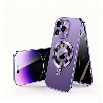 Phone Case Privacy Screen with Aluminum Alloy Frame, Rear Stand and magnetic ring for iPhone 15 Pro