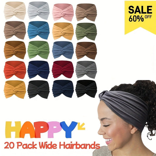 Stretchy Headbands 20 Pack for Women & Men – Soft Sweat-Wicking Non-Slip Elastic Turban Knot Hair Wraps Breathable Solid Colors for Yoga