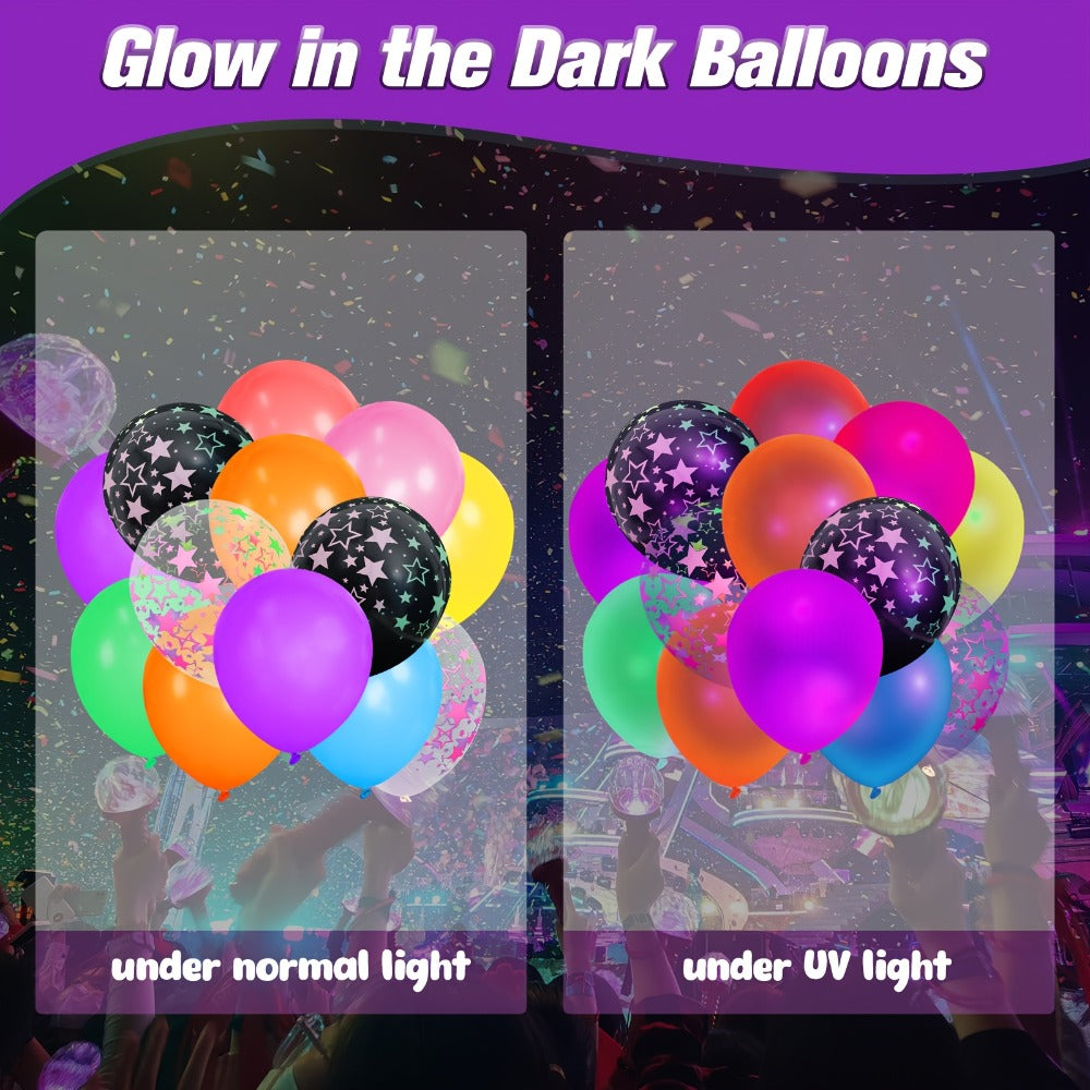 UV Neon Balloon Party Supplies Set with 42 12-Inch Star-Print Balloons for Blacklight Decor
