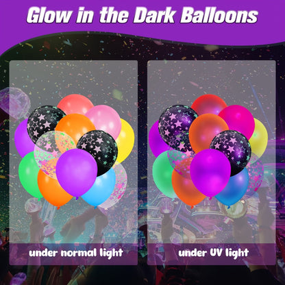 UV Neon Balloon Party Supplies Set with 42 12-Inch Star-Print Balloons for Blacklight Decor