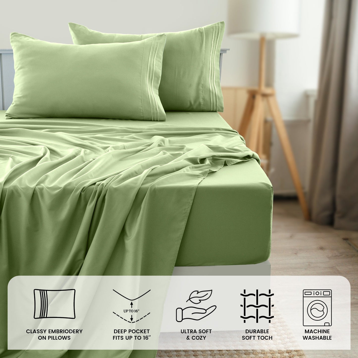 Fitted Sheet Set 6-Piece Brushed Polyester Deep Pocket Bed Sheets 20 Colors Hotel Luxury Bedding with Embroidered Pillowcases