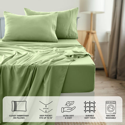 Fitted Sheet Set 6-Piece Brushed Polyester Deep Pocket Bed Sheets 20 Colors Hotel Luxury Bedding with Embroidered Pillowcases