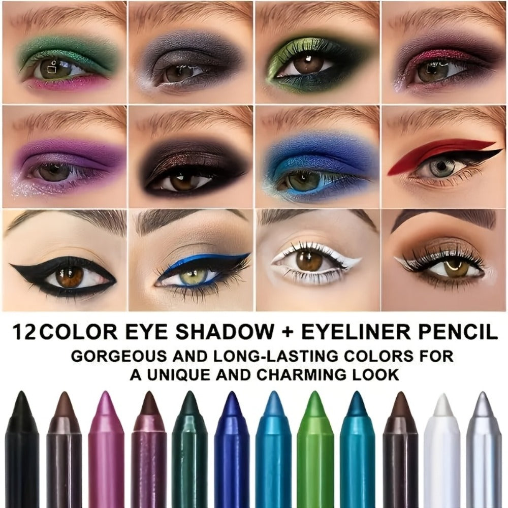 2-in-1 Eyeliner & Eyeshadow Pencil Set 12 Colors Matte Waterproof Smudge-Proof Blendable Eye, for Makeup, Travel and Everyday Vanity Use