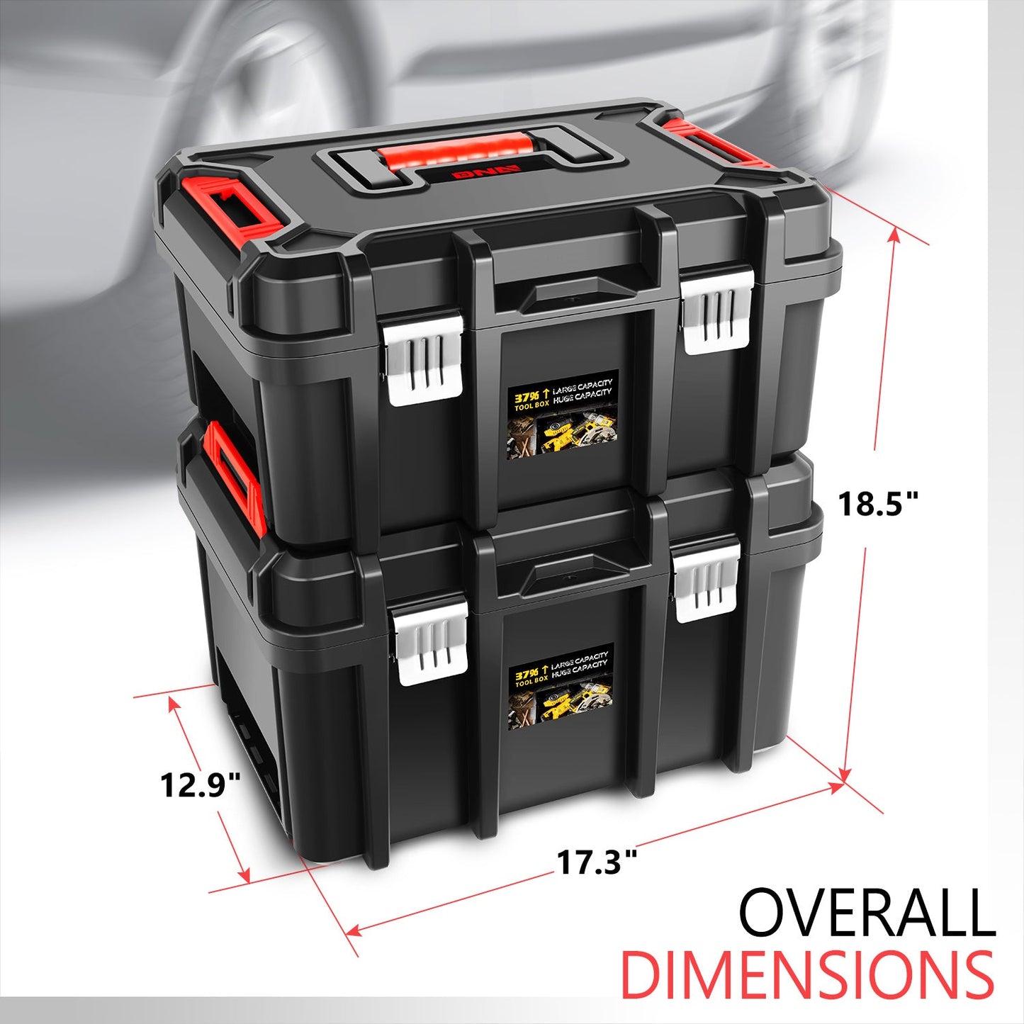 Tool Box Set 2-Piece Lockable – Large Capacity Portable Toolbox Organizer with Removable Tray, Double Lock Buckle, Hard Plastic