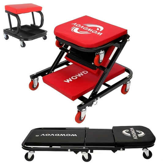 Mechanic Creeper Seat & Rolling Work Stool – Foldable 2-in-1 Auto Repair Crawler, 300 lb Capacity, Adjustable Height, 6 Swivel Wheels