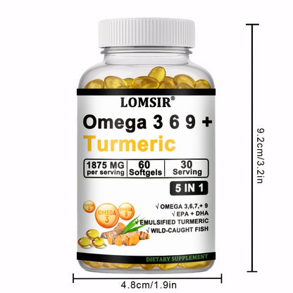 Omega 3-6-9 & Turmeric Softgels with DHA & EPA, Wild Fish Oil Blend, Emulsified Turmeric for Heart