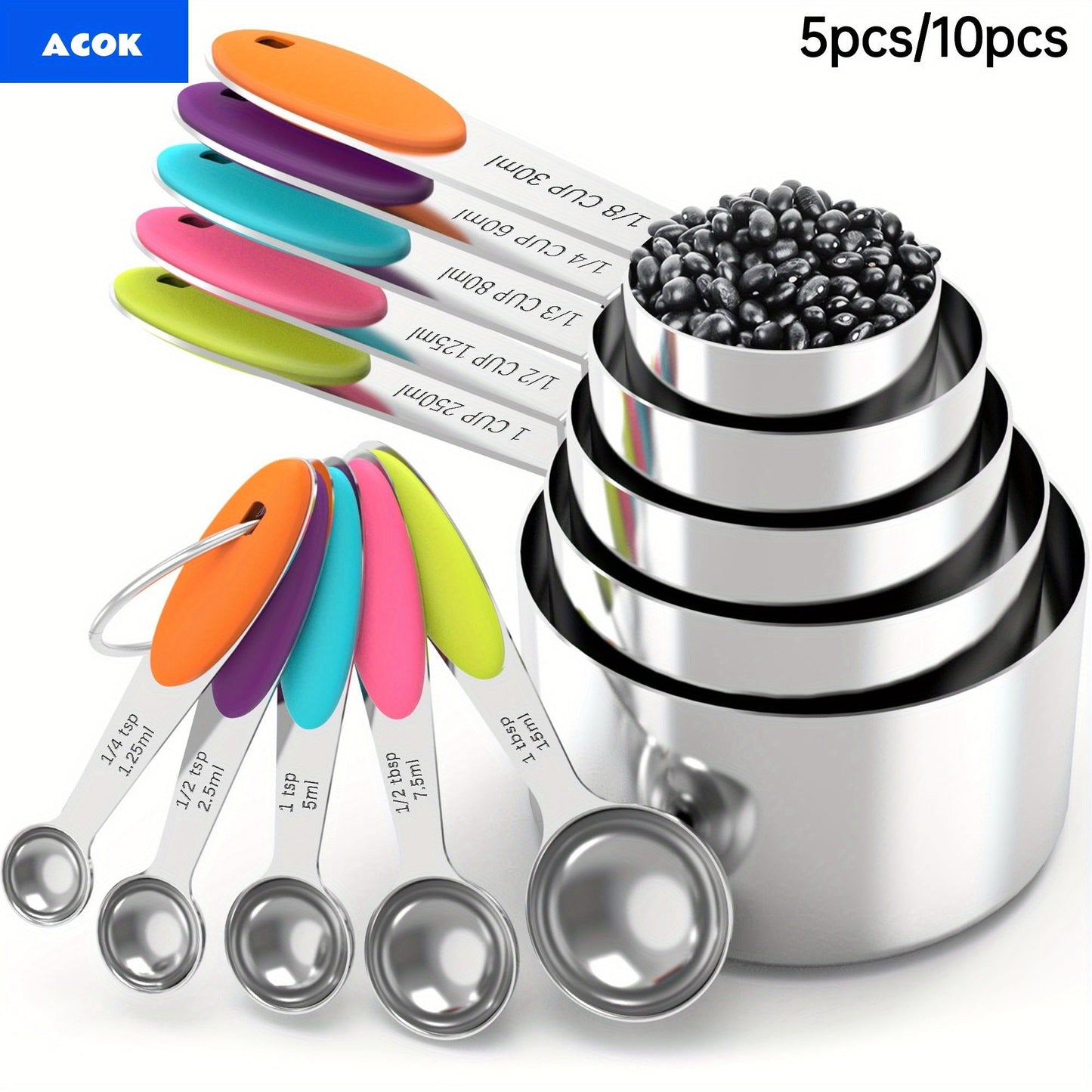 Measuring Cups and Spoons Set 10-Piece Stainless Steel with Silicone Handle, Precise Baking & Cooking Measurement Tools