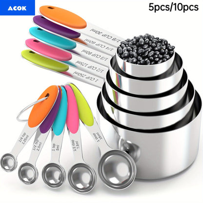 Measuring Cups and Spoons Set 10-Piece Stainless Steel with Silicone Handle, Precise Baking & Cooking Measurement Tools