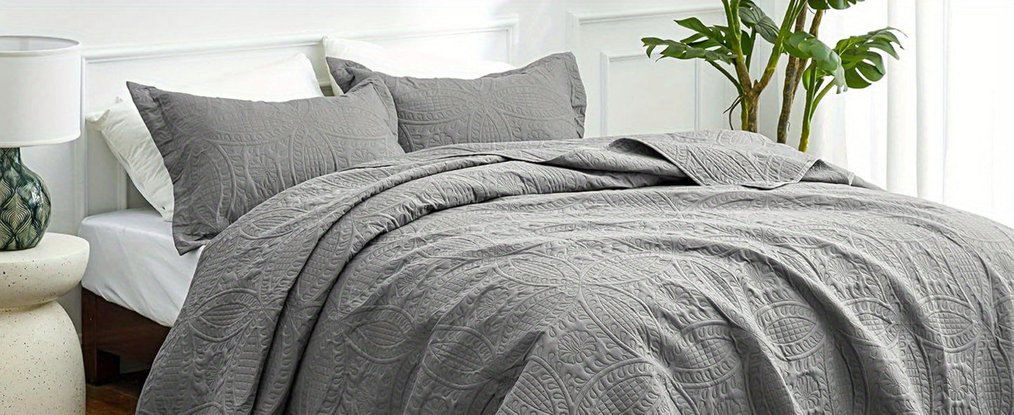 Quilt Set 3 Piece Lightweight Microfiber Bedspread with Pillow Shams – Coin Pattern Coverlet All Season Soft Bed Quilt Full Queen King