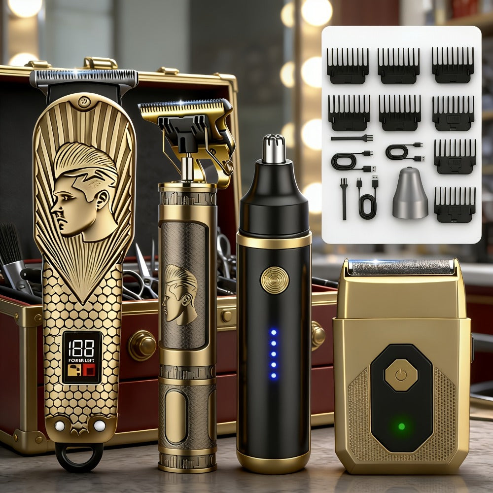 Hair Clipper & Trimmer Set 4-Piece for Men – Professional Barber Kit with Nose Trimmer, Detail Trimmer, Guide Comb