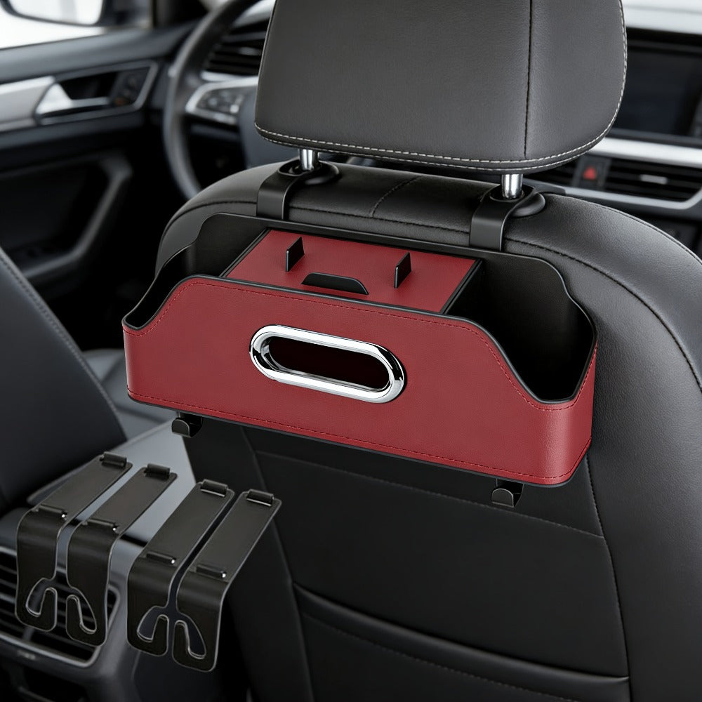 Compact Headrest-Hanging Car Organizer with Two Cup Pockets, Tissue Opening, Hooks and Five Pack Options