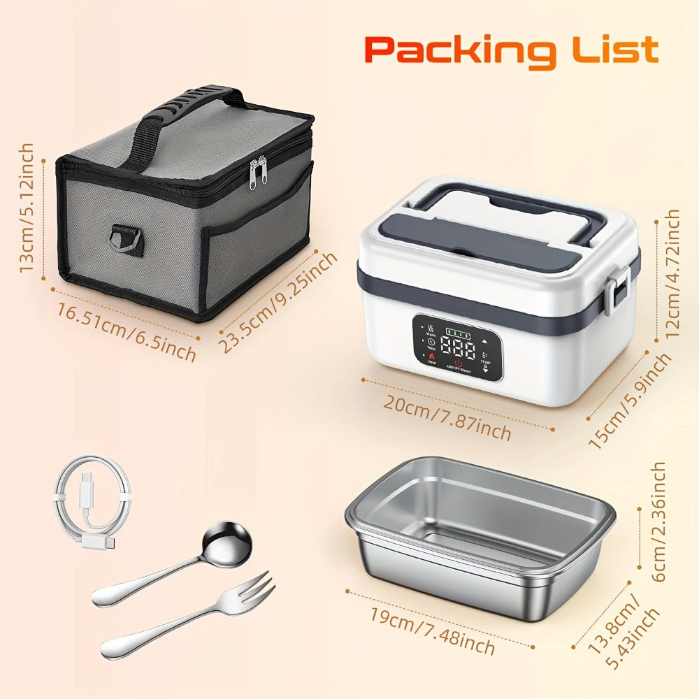 Heated Lunch Box, 8000mAh Battery-Powered 60W 1L Food Warmer with Timer and Power Bank Function