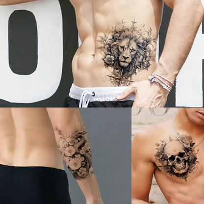Temporary Tattoos, 44-Sheet Black Animal and Mountain Set with Wolf, Lion and Tiger Designs in Large and Small Sizes