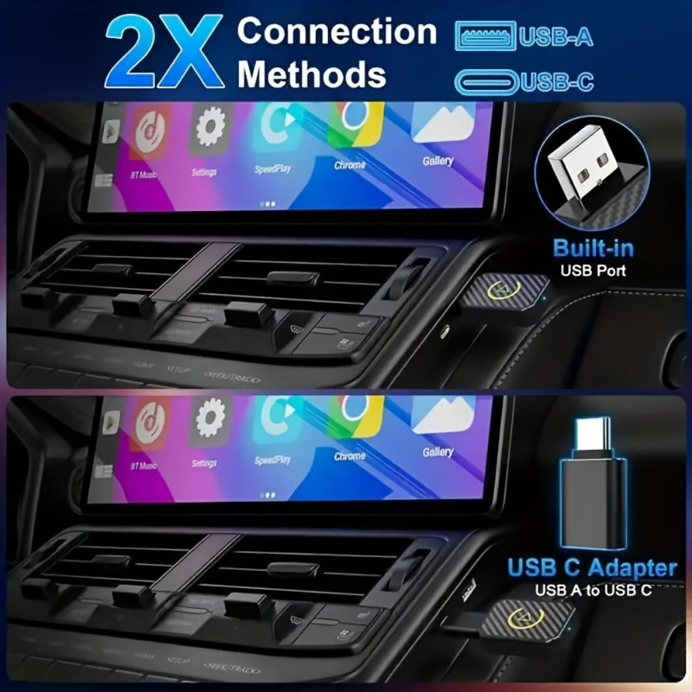 Mini Wired-to-Wireless CarPlay Adapter with USB-A Plug and USB-C Adapter in USB Set Pictured