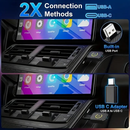 Mini Wired-to-Wireless CarPlay Adapter with USB-A Plug and USB-C Adapter in USB Set Pictured