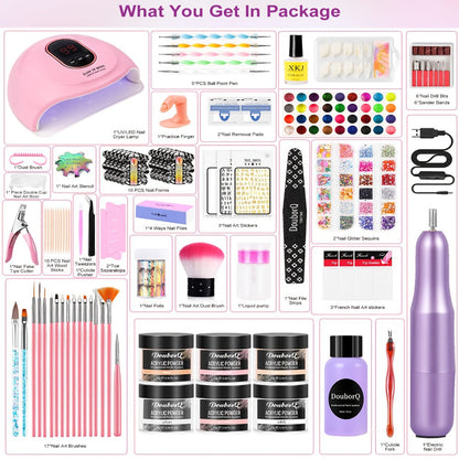 Acrylic Nail Kit with Electric Drill & UV LED Nail Lamp – Complete Professional Starter Set for Beginners with Acrylic Powder Brush Tools