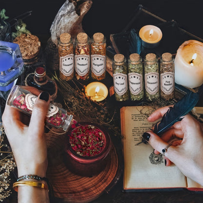 43-Piece Dried Herbs & Flowers Witch Ritual Kit, Sachet Supplies Set with Crystal Spoon, Black Feather & Bell for Pagan Spells