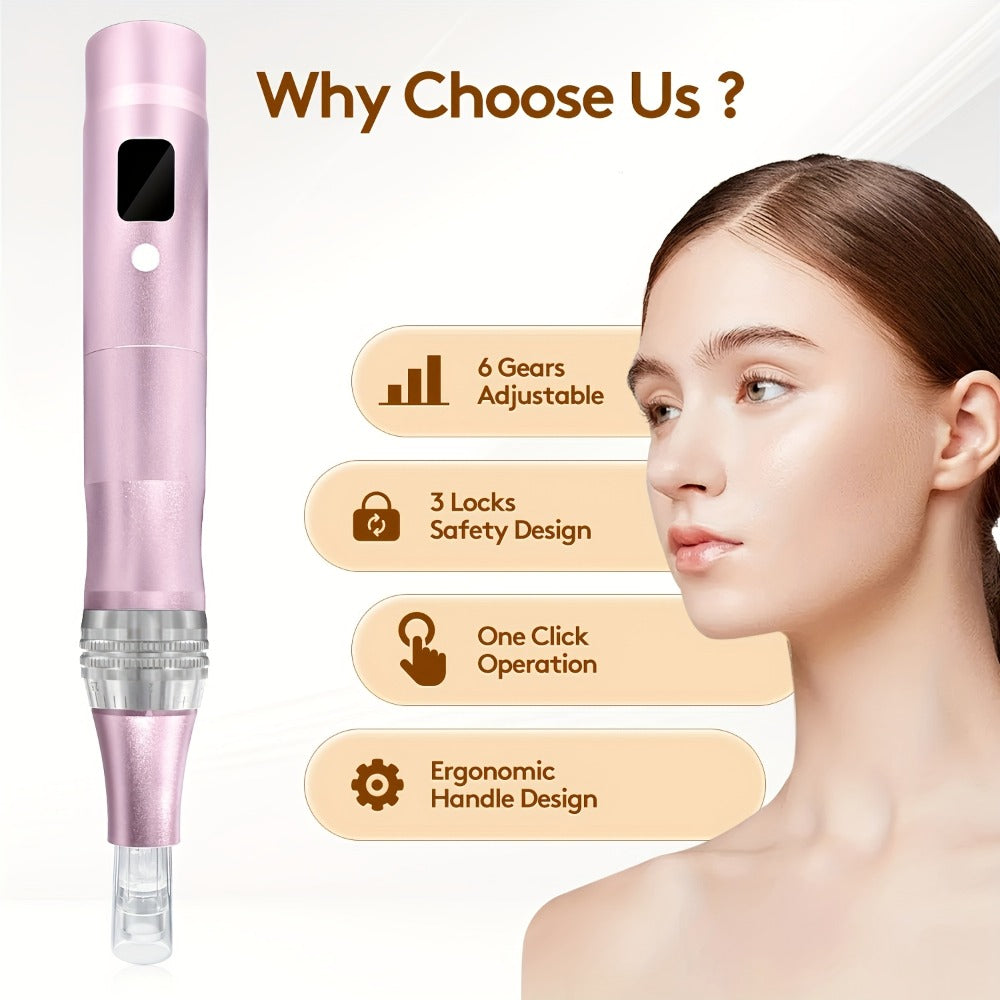 Microneedling Pen Electric 6-Speed Wireless Derma Pen 0.25mm Aluminum Alloy Cordless Skin for Bath Time, Home Spa and Personal Care