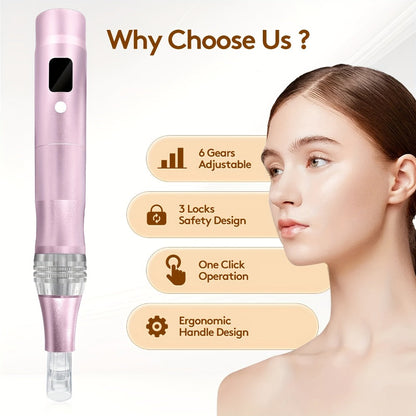 Microneedling Pen Electric 6-Speed Wireless Derma Pen 0.25mm Aluminum Alloy Cordless Skin for Bath Time, Home Spa and Personal Care