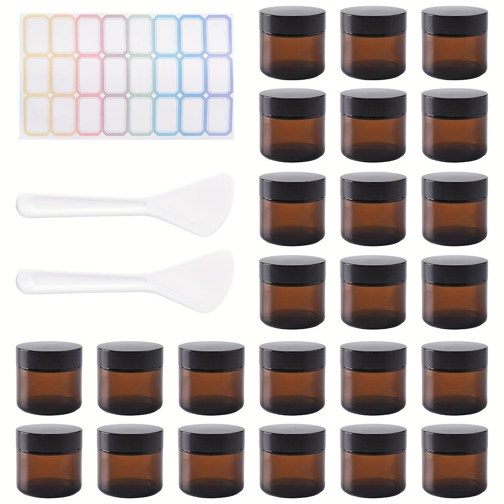 Brown Frosted Glass Jars with Lids 24 Pack – 2 oz Amber Glass Cosmetic Containers with Spoons & Labels, Non-Slip Base