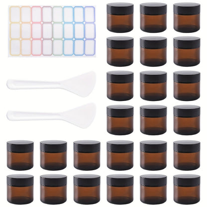 Brown Frosted Glass Jars with Lids 24 Pack – 2 oz Amber Glass Cosmetic Containers with Spoons & Labels, Non-Slip Base