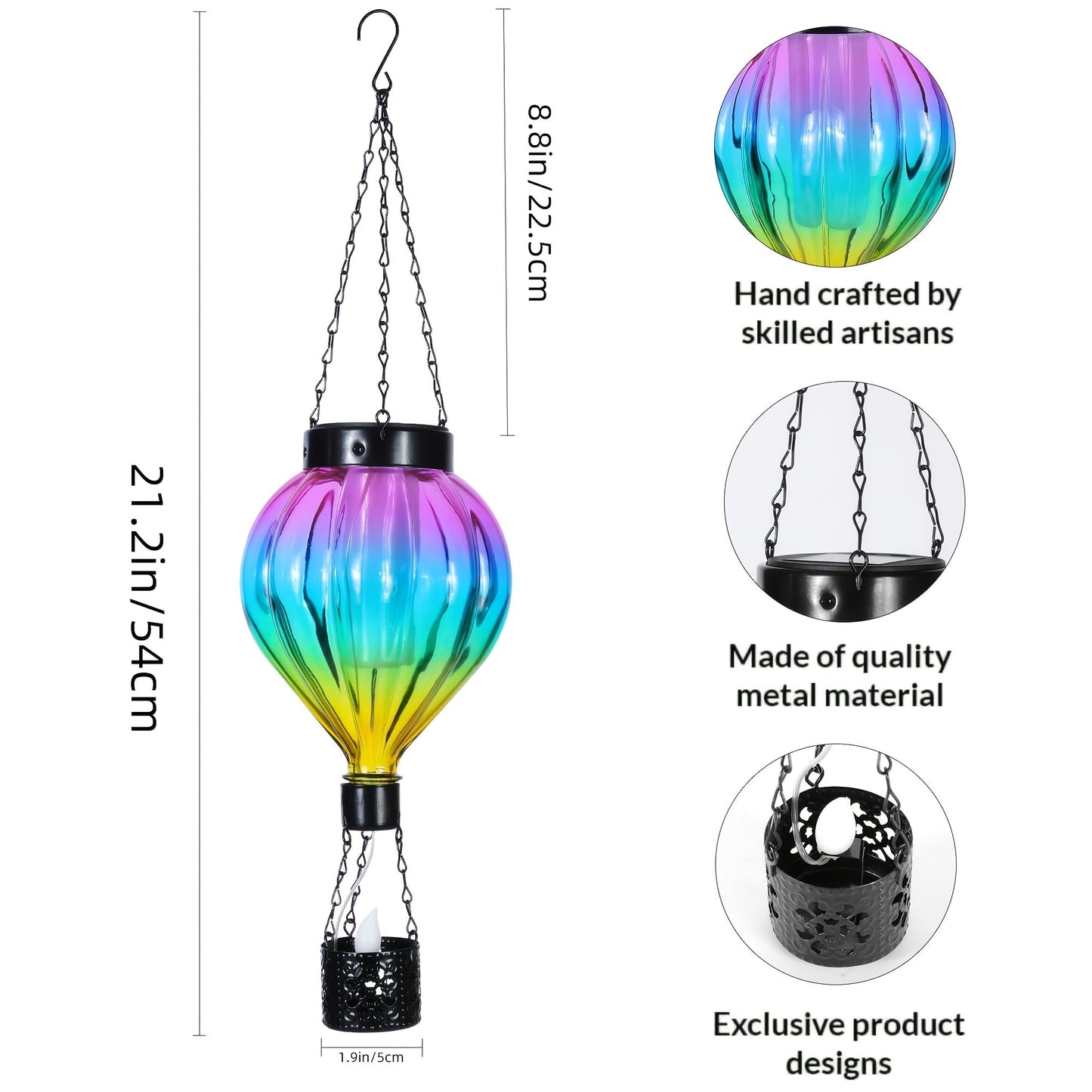 Solar Outdoor Lights Hot Air Balloon Hanging Lantern with Flame-Effect LED and Metal Frame for Garden Decor