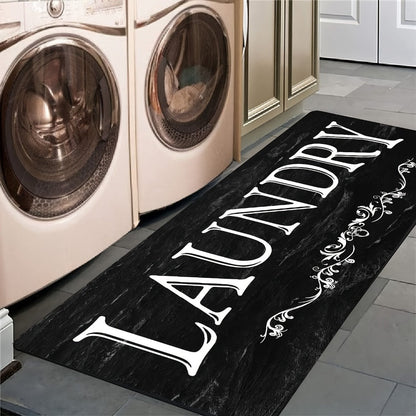 Laundry Room Mat Black & White LAUNDRY Text Non-Slip Machine Washable – Soft Polyester Cut-Pile Floor Rug for Laundry Room, Bathroom