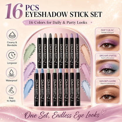 Highly Pigmented Eyeshadow Stick Set 16 Colors Waterproof Matte & Shimmer Eye Makeup Pencil Kit