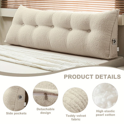 Bed Wedge Pillow Headboard Pillow with Side Pockets Removable Cover Teddy Velvet Reading Pillow Twin Queen King