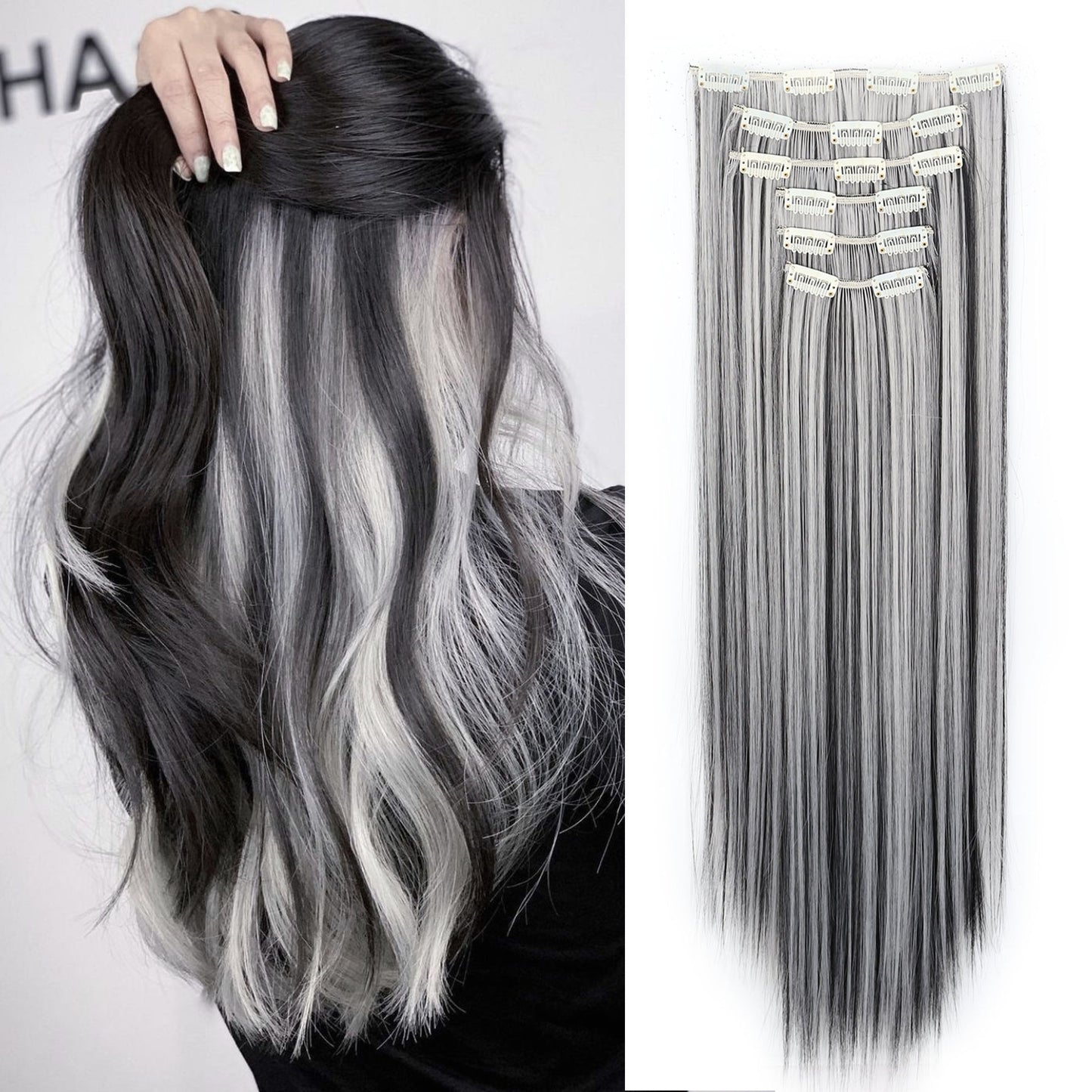 Space Gray Clip In Hair Extensions 6 Piece Set 24 Inch Heat Resistant Synthetic Fiber – Instant Length & Volume for Women | Daily Wear