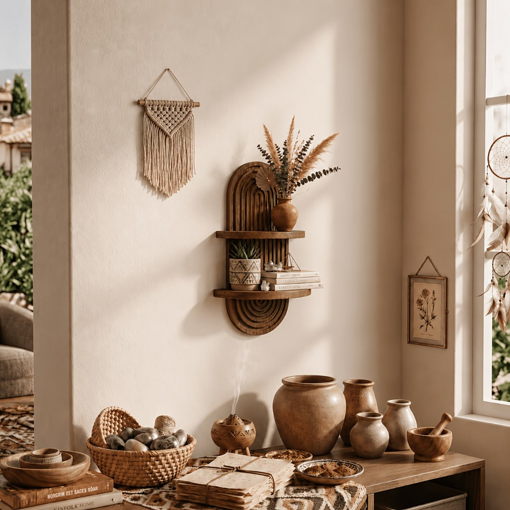 Two-Tier Bohemian Rainbow Arch Floating Wall Shelf in Log Color with Solid-Wood Display Platforms