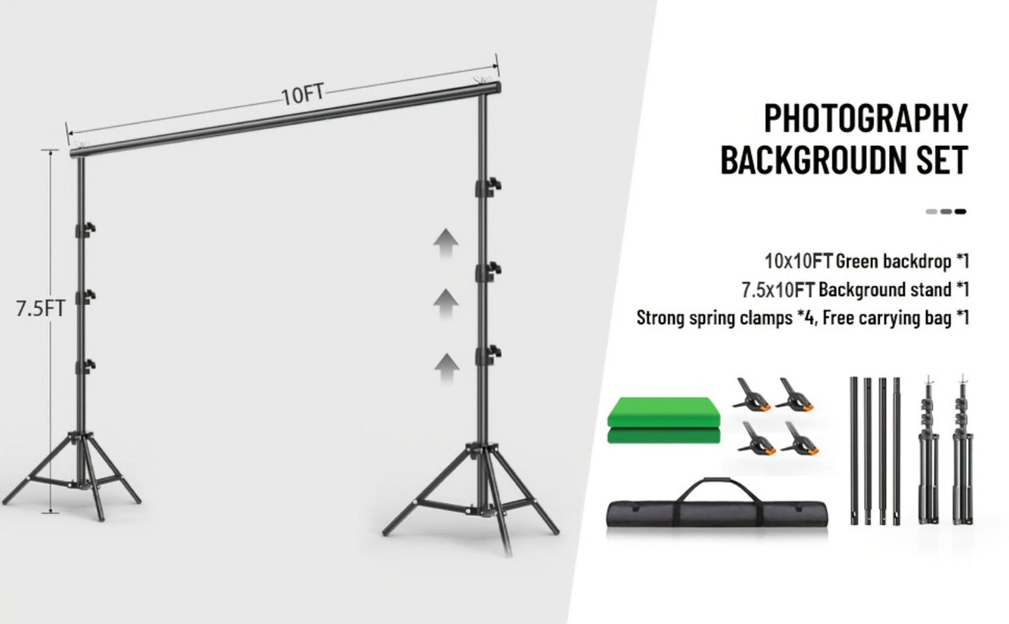 Green Screen Backdrop with Stand Kit 10x10Ft Chroma Key Background 7.5x10Ft Portable Stand with Carrying Bag 4 Clamps for Photoshoot